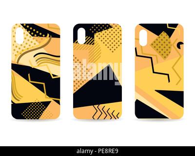 Phone case set. Memphis pattern background. Geometric elements memphis in the style of 80s. Vector illustration Stock Vector