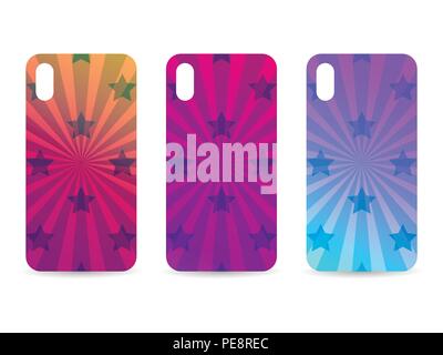 Phone case set with gradient backgrounds. Rays and stars. Blurred shades. Vector illustration Stock Vector