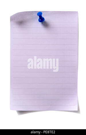 Lined paper notepad page sheet pushpin isolated white background Stock Photo