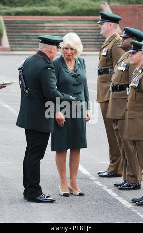 The Duchess of Cornwall, Royal Colonel, The 4th Battalion, The Rifles at New Normandy Barracks in Aldershot to meet military families and present medals to Riflemen.  Featuring: Camilla, Duchess of Cornwall Where: Aldershot , United Kingdom When: 12 Jul 2018 Credit: WENN.com Stock Photo