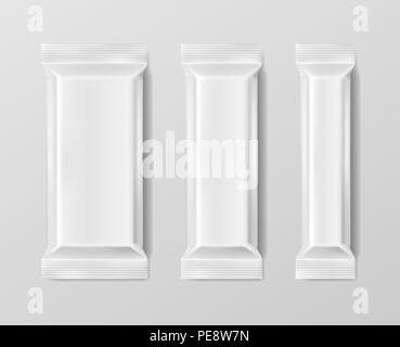 Plastic packs product set. Stick package for snack, coffee, salt, sugar, pepper, spices. Plastic bag pack for snack or food product. Vector illustration Stock Vector