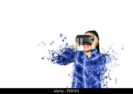 The woman with glasses of virtual reality. Future technology concept. Modern imaging technology. Fragmented by pixels Stock Photo
