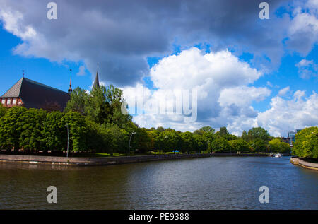 Rybnaya derevnya (former Kneiphof quarter). View of the Konigsberg Cathedral and Pregolya river. Kaliningrad, Russia. Stock Photo