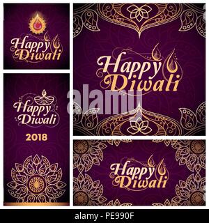 Set of Happy Diwali cards and banners with text and decorations Stock Vector