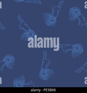 Sketch ghost soul path flying blue girls on dark blue background. Seamless vector pattern Stock Vector