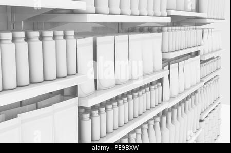 An unsaturated view of a few sections of a supermarket shelf packed with generic consumable products - 3D render Stock Photo