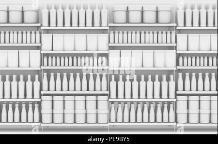 An unsaturated view of a few sections of a supermarket shelf packed with generic consumable products - 3D render Stock Photo