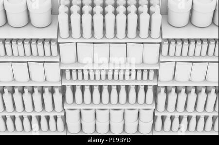 An unsaturated view of a few sections of a supermarket shelf packed with generic consumable products - 3D render Stock Photo