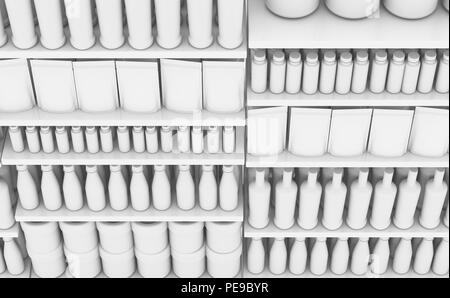 An unsaturated view of a few sections of a supermarket shelf packed with generic consumable products - 3D render Stock Photo