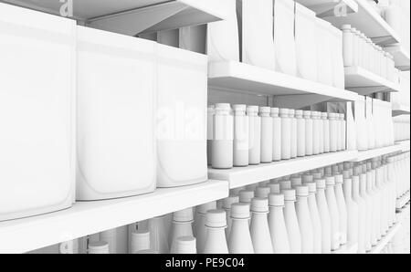 An unsaturated view of a few sections of a supermarket shelf packed with generic consumable products - 3D render Stock Photo