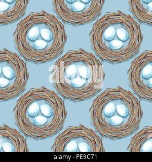 Birds nest with eggs. Seamless pattern Stock Photo