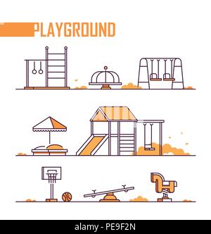 Set of playground elements - modern vector isolated objects on white background in line design style. Sandbox, merry-go-round, slide, swing, horizonta Stock Vector