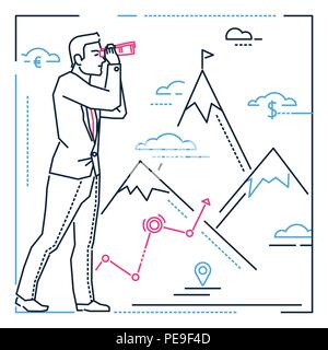 Businessman looking forward - line design style illustration on white background with silhouettes of mountains, money, geo-tags. A person examining vi Stock Vector