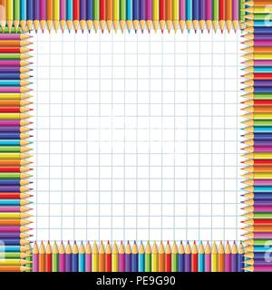 Vector square border frame made of multi colored wooden pencils on white checkered notebook sheet background. Back to school framework bordering templ Stock Vector