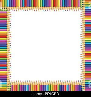 Vector multicolored square frame made of colorful rainbow pencils isolated on white background with empty copy space for text. Stock Vector