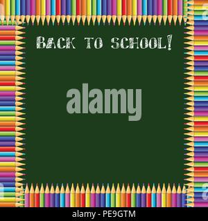 Vector multicolored square frame made of colorful rainbow pencils on green chalkboard background with back to school chalky title inside and copy spac Stock Vector