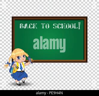 Cute blonde school girl with braids and big blue eyes wearing uniform with backpack standing near blackboard with chalk inscription back to school and Stock Vector