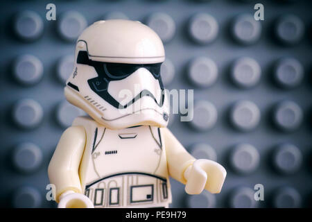 Tambov, Russian Federation - July 29, 2018 Portrait of Lego First Order Stormtrooper minifigure on gray baseplate background. Studio shot. Stock Photo
