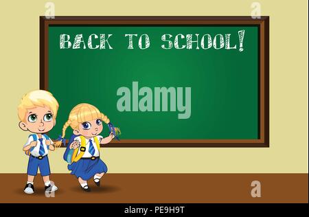 Cute cartoon schoolgirl and schoolboy wearing uniform with backpacks near blackboard. Vector illustration, flyer, menu, template, back to school, teac Stock Vector