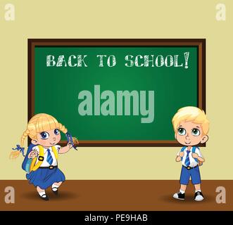 Cute cartoon schoolgirl and schoolboy in uniform with backpacks near chalkboard. Vector illustration, flyer, poster, template, back to school, teacher Stock Vector