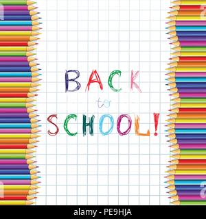 Back to school hand writing sketchy colorful pencils inscription on notebook sheet of white checkered paper with wavy verical border made of multicolo Stock Vector