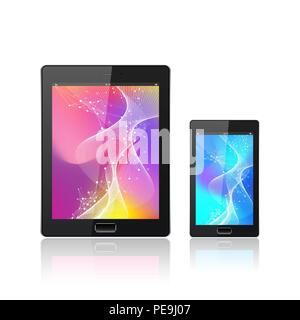 Modern digital tablet PC with mobile smartphone isolated on the white. Abstract fluid 3d shapes vector trendy liquid colors backgrounds. Colored fluid graphic composition. Stock Vector