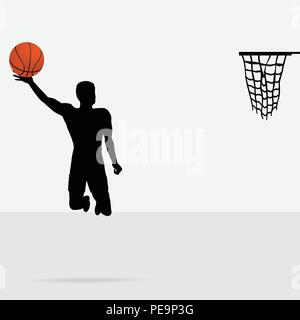 Silhouette of a Basketball Player Jumping to Score with Detailed Ball Stock Vector