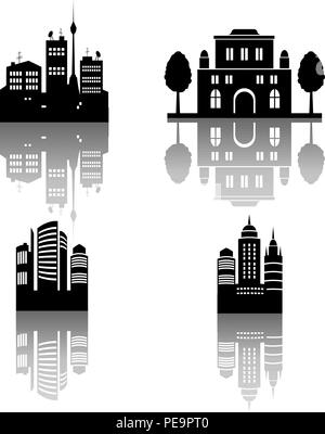 Four city silhouettes with reflections. Vector illustration. Eps 10 Stock Vector