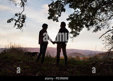 A couple with a dog on a walk in forest in the evening. Stock Photo