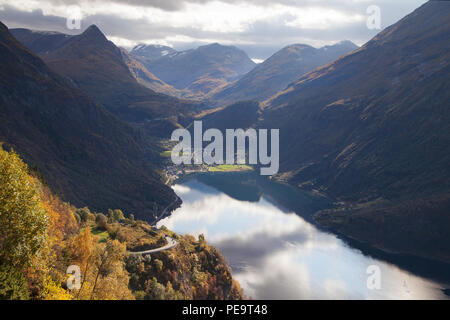 Geiranger from the Ornesvingen viewpoint, More og Romsdal, Norway. Stock Photo