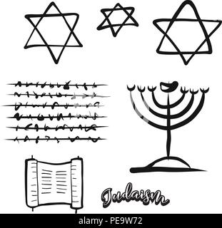 Set of hand-drawn Jewish symbols. Various religious historical symbols painted by hand. Vector drawing. Stock Vector