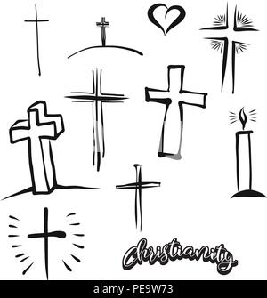 Set of hand-drawn Christianity symbols. Various religious historical symbols painted by hand. Vector drawing. Stock Vector