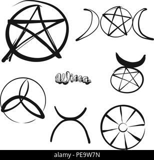 Set of hand-drawn Wicca symbols. Various religious historical symbols painted by hand. Vector drawing. Stock Vector