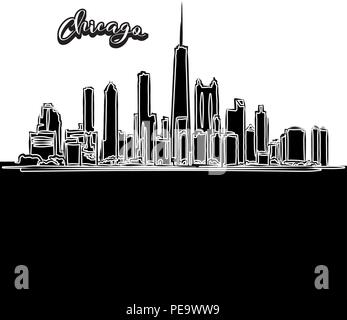 Vector drawing of Chicago skyline, outline. USA travel landmark. Black and white cover and background concept. Stock Vector