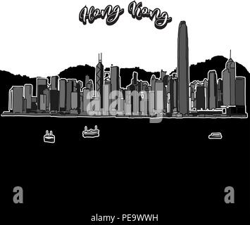 Vector drawing of Hong Kong skyline, outline. China travel landmark. Black and white cover and background concept. Stock Vector