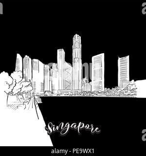 Vector drawing of Singapore skyline, outline.  travel landmark. Black and white cover and background concept. Stock Vector
