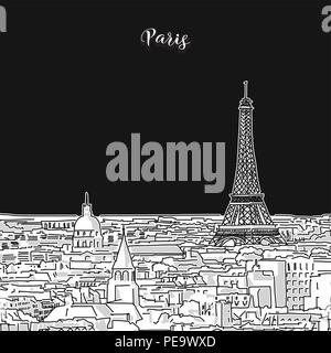 Vector drawing of Paris skyline, outline. France travel landmark. Black and white cover and background concept. Stock Vector