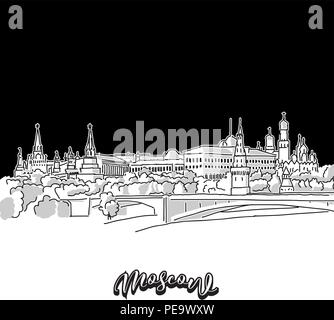 Vector drawing of Moscow skyline, outline. Russia travel landmark. Black and white cover and background concept. Stock Vector