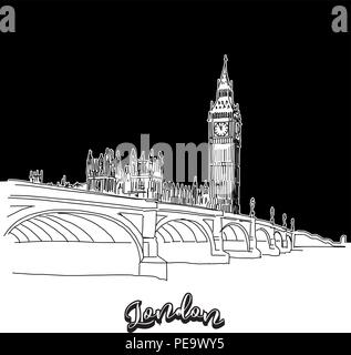 Vector drawing of London skyline, outline. United Kingdom travel landmark. Black and white cover and background concept. Stock Vector