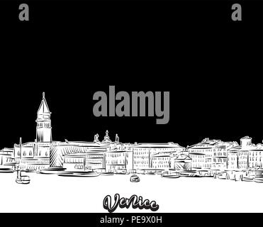 Venice skyline, outline. Vector drawing of skyline, outline, Italy. Black and white illustration concept. Stock Vector