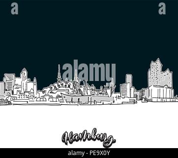 Hamburg skyline, outline. Vector drawing of skyline, outline, Germany. Black and white illustration concept. Stock Vector