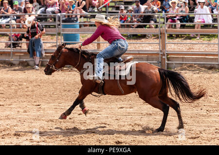 Cowgirls guide their quarterhorses through the Pole Bending course during the Ram Rode Tour in Exeter, Ontario, Canada. Stock Photo