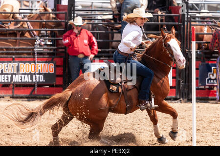 Cowgirls guide their quarterhorses through the Pole Bending course during the Ram Rode Tour in Exeter, Ontario, Canada. Stock Photo