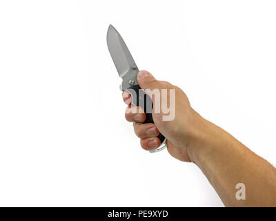 Hand holding a knife in a first person view isolated on white background Stock Photo