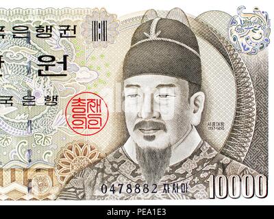 South Korean 10,000 Won banknote with a depiction of 15th century Korean ruler King Sejong the Great Stock Photo