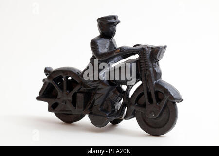 Cast-iron motorcycle cop toy (Hubbly Kiddy Die-Cast Toy reproduction) - USA Stock Photo