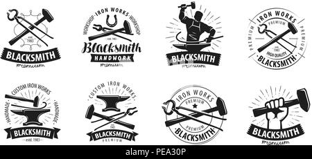 forge, blacksmith logo or label. blacksmithing set of icons isolated on white background Stock Vector
