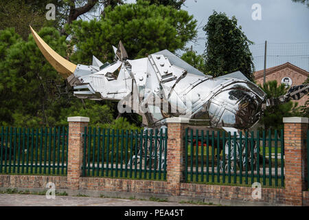 King Kong Rhino, metal sculpture by  Li-Jen Shih exhibited at the Venice Biennial open air exhibition in Venice, 2017 Stock Photo