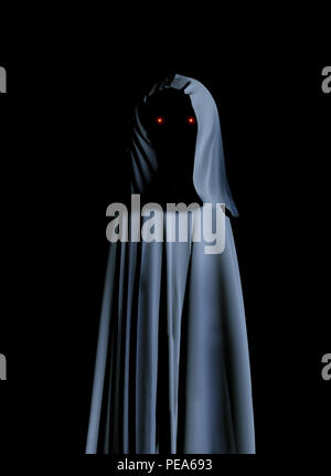 Spooky monster in hooded cloak with glowing eyes. On black background. 3d render