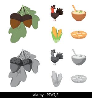 Acorns, corn.arthene puree, festive turkey,Canada thanksgiving day set collection icons in cartoon,monochrome style vector symbol stock illustration . Stock Vector
